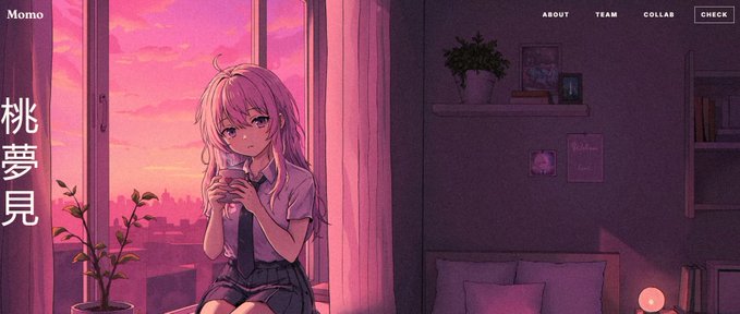 An anime-style website features a pink-haired character holding a cup by a window overlooking a sunset, with the text '桃夢見' (Momo) on the left and navigation links ABOUT, TEAM, COLLAB, CHECK on the top right.