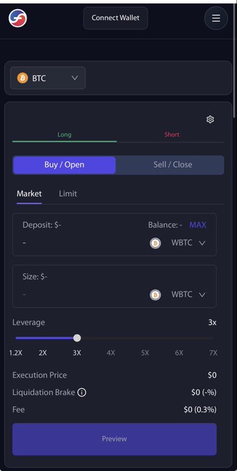 A mobile trading interface on fx.aladdin.club shows a "Buy/Open" order panel for $BTC with WBTC deposit and size fields, 3x leverage (range 1.2x-7x), and zero fees or liquidation brake set, illustrating the protocol's leveraged long/short trading with liquidation protection and no funding fees highlighted in the post.