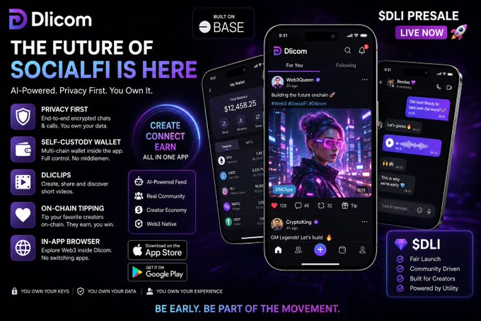 The image features three cell phones with different colored screens displaying social media apps. The first phone has a purple screen, the second one has an orange screen, and the third one has a black screen. The text above the phones reads "The future of SocialFi is here". Below the phones are descriptions of various social media apps such as Dlicom, Base, and Live Now.