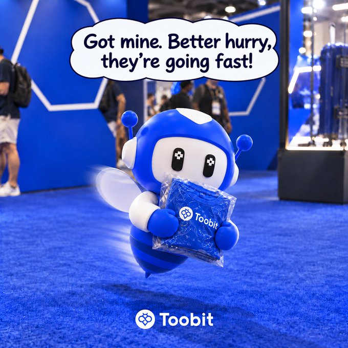 A blue and white bee mascot character stands on a blue carpet holding a 'Toobit' branded package, with a speech bubble reading 'Got mine. Better hurry, they're going fast!'