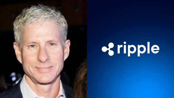 The image is a split composition featuring a headshot of Chris Larsen, the co-founder of Ripple, on the left, alongside the Ripple logo on a blue background on the right, visually connecting him to the cryptocurrency company he built and reinforcing his authoritative opinion on XRP's price.