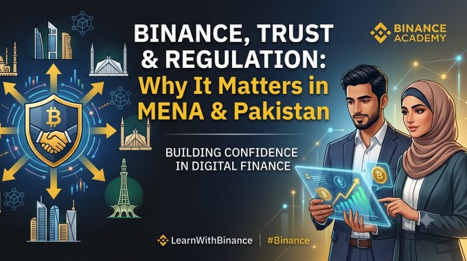 This Binance Academy graphic highlights "Binance, Trust & Regulation: Why It Matters in MENA & Pakistan" with imagery of financial growth and iconic landmarks, underscoring the importance of trust and regulation in digital finance. The image visually aligns with the post's theme by emphasizing building confidence in digital finance within the specified regions.