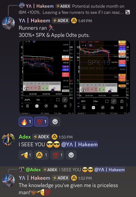 A Discord conversation shows users 'YA | Hakeem' and 'Adex' discussing trading AAPL and SPY 0DTE put options with a 300%+ return, showing charts and timestamps from 1:49-1:52 PM.