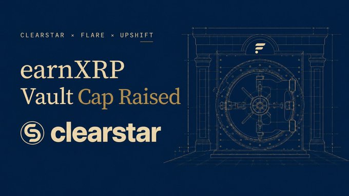 The image features a blue background with a gold border that displays information about earning XRP and vaulting. The text "earnXRP Vault Updated" indicates an update or new feature, while "5M FXRP capacity added to the @upshift_fi earnXRP vault - curated by @ClearstarLabs, powered by @FlareNetworks Smart Accounts on @XamanWallet". This suggests that there is a new feature related to XRP and vaulting. The image also includes a drawing of a vault door with gold accents, which adds visual interest to the content.