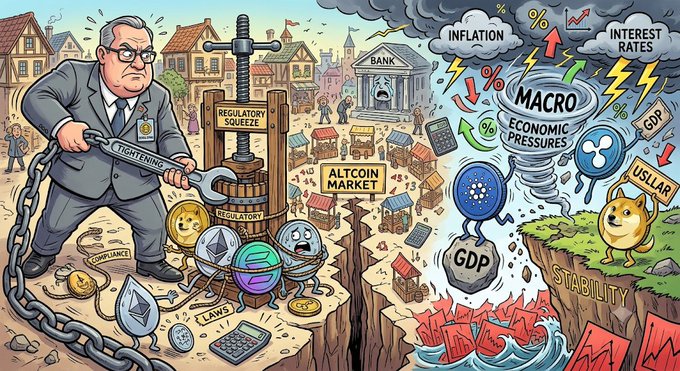 A suited figure labeled "Regulatory Squeeze" uses a "Tightening" wrench on a "Regulator," choking a struggling "Altcoin Market" with chains and "Laws," while macroeconomic pressures ("Inflation," "Interest Rates," "GDP") loom as a tornado, "USLAR" currency token, and Dogecoin stand on cliffs marked "Stability" and "DeFi," illustrating how tightening crypto regulation and rising yields impact altcoins like XRP.