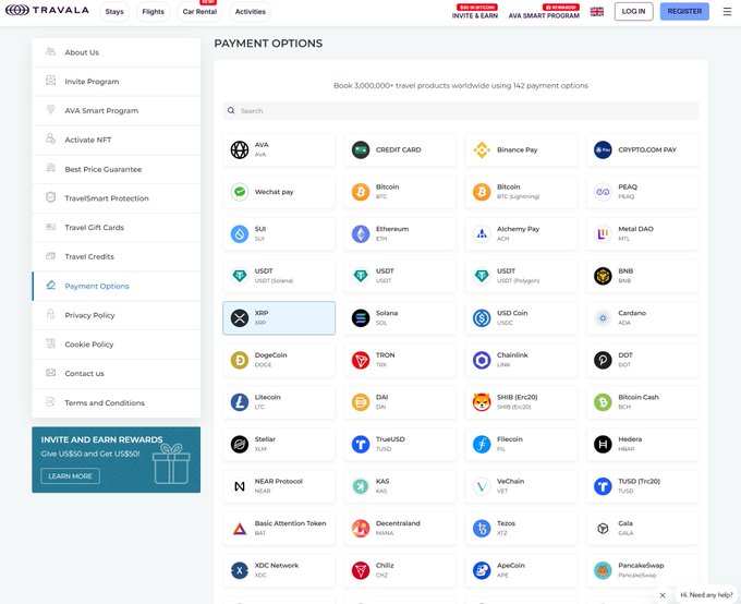 The image displays Travala's Payment Options page, highlighting XRP among 40+ accepted cryptocurrencies and payment methods like Credit Card, Bitcoin, Binance Pay, and Ethereum, reinforcing Travala's "Assets as Money" philosophy.
