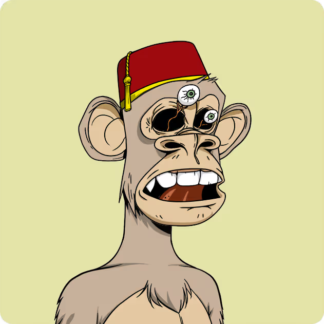 A cartoon-style ape character from the Bored Ape Yacht Club (BAYC) NFT collection, wearing a red fez hat and featuring distinctive bloodshot green eyes. The image relates to the post as it celebrates the acquisition of Bored Ape #1464 from the @BoredApeYC collection.