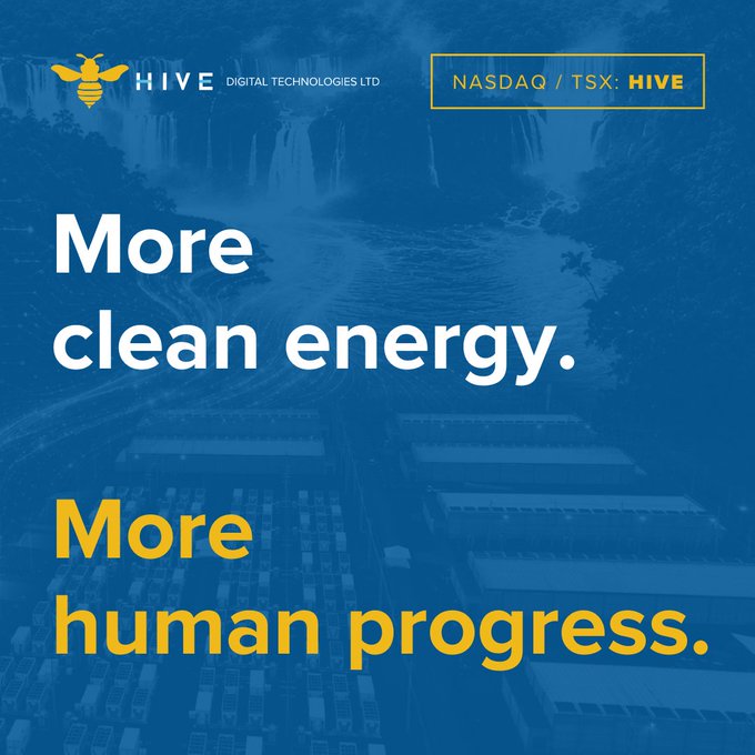 The image is a promotional graphic for HIVE Digital Technologies Ltd (NASDAQ/TSX: HIVE), featuring a blue-tinted background of a waterfall and an industrial facility, with the text "More clean energy. More human progress." The accompanying caption reinforces HIVE's role in providing the foundational infrastructure—land, power, and operations—that enables advancements in fields like AI and blockchain, aligning with the message that their clean energy infrastructure supports human progress.