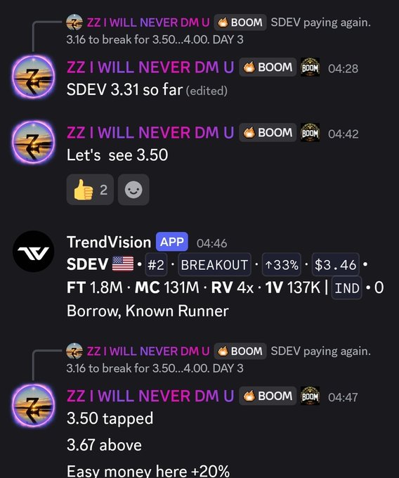 A Discord chat thread titled 'ZZ I WILL NEVER DM U' discusses the stock ticker '$DEV', showing messages about breakout points at $3.50 and $3.67, referencing a TrendVision app alert.
