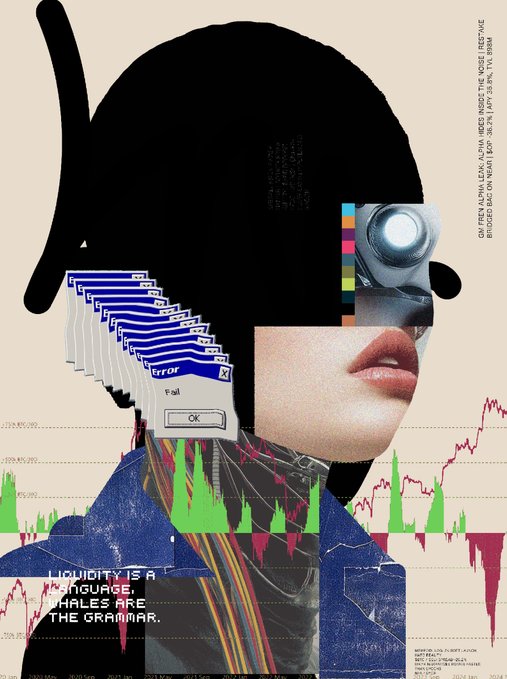 An abstract collage artwork featuring a black silhouetted profile, a computer 'Error' message box, color calibration bars, close-up lips, financial charts, and the text 'LIQUIDITY IS A LANGUAGE. WHALES ARE THE GRAMMAR.'