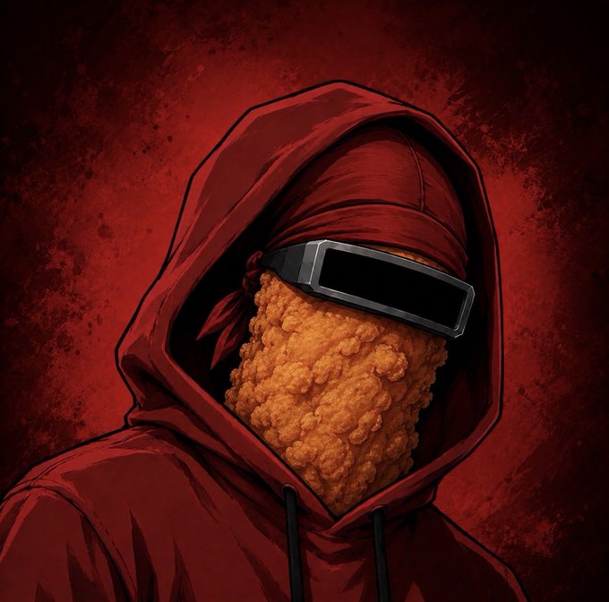 A hooded figure with a fried chicken piece for a face wears dark sunglasses and a red bandana, set against a textured crimson background.
