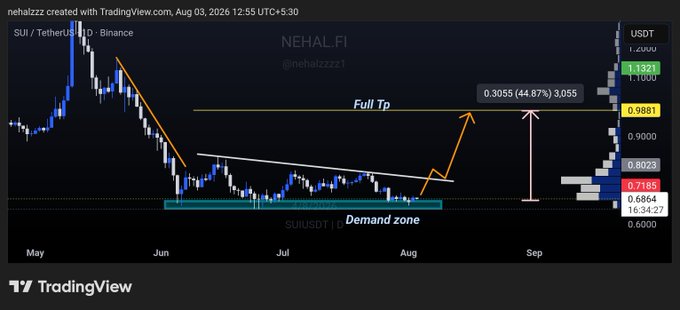 A TradingView chart of SUI/USDT on Binance shows price compressed within a falling wedge pattern above a highlighted demand zone near $0.7185, with annotations projecting a "Full Tp" breakout target of $0.9881 (44.87% gain), aligning with the post's bullish outlook for a potential 40%+ rally.
