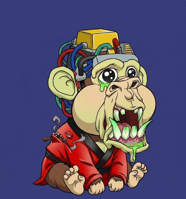A cartoon illustration of a baby monkey in a red martial arts outfit, featuring exposed mechanical wiring on its head, sharp teeth, and green drool, set against a dark blue background.