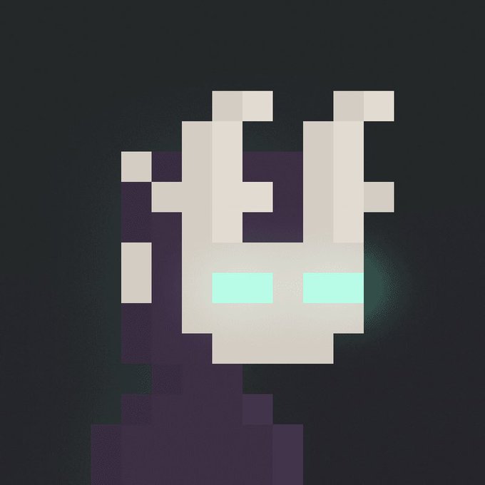 A pixel art portrait of a robotic or alien figure with glowing cyan eyes and a white face against a dark background.