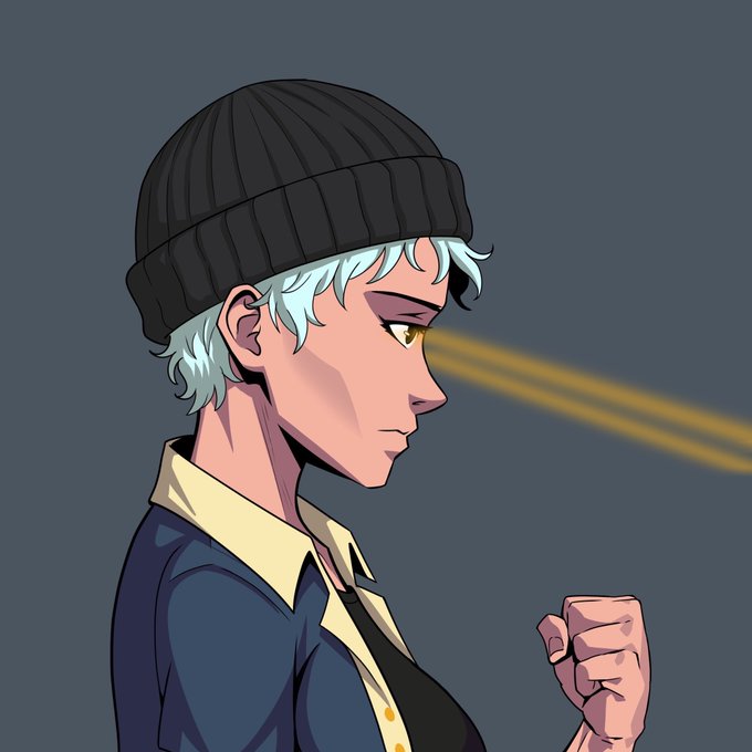 An anime-style illustration of a character with light blue hair, wearing a black beanie and a yellow-collared shirt, shown in profile with a focused expression and a clenched fist.