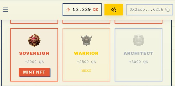 A user interface displays an NFT minting page with a balance of 53.339 QE, showing three tier options: "SOVEREIGN" (+2000 QE, MINT NFT), "WARRIOR" (+2500 QE, NEXT), and "ARCHITECT" (+3000 QE), illustrating the requirement to mint the Sovereign NFT as mentioned in the post about the @dac_chain promotion.