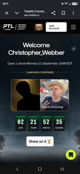 A mobile screenshot of a 'Tradeify Futures' app displays 'Welcome Christopher_Webber' with a countdown timer for 'Jacob Dunning' starting 'Monday 21 September 18:00 EDT'.