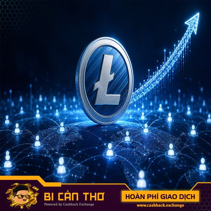 A stylized 3D Litecoin coin stands prominently at the center, surrounded by a glowing network of interconnected user icons, with an upward-trending arrow symbolizing growth. The banner at the bottom displays the "BÍ CÂN THƠ" logo alongside the text "HOÀN PHÍ GIAO DỊCH" and "www.cashback.exchange," promoting a cashback exchange service tied to Litecoin's expanding address network.