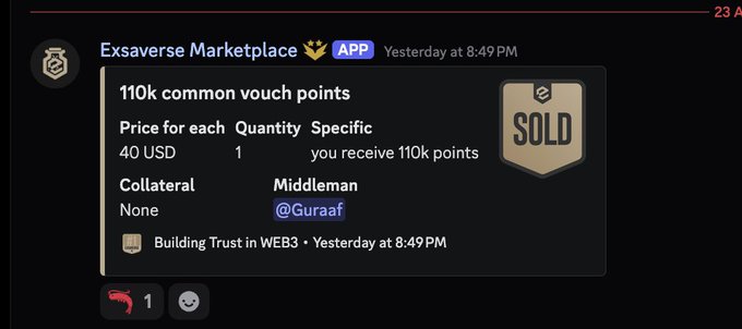 A Discord message from the "Exsaverse Marketplace" app shows a "SOLD" listing for 110k common vouch points at $40 USD, with the middleman being @Guraaf. This supports the post's calculation that 1M common points would be worth approximately $400 based on this transaction.