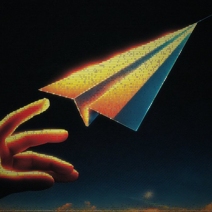 A pixelated artwork with a retro aesthetic shows a glowing orange and yellow paper airplane floating above a hand, set against a dark background.