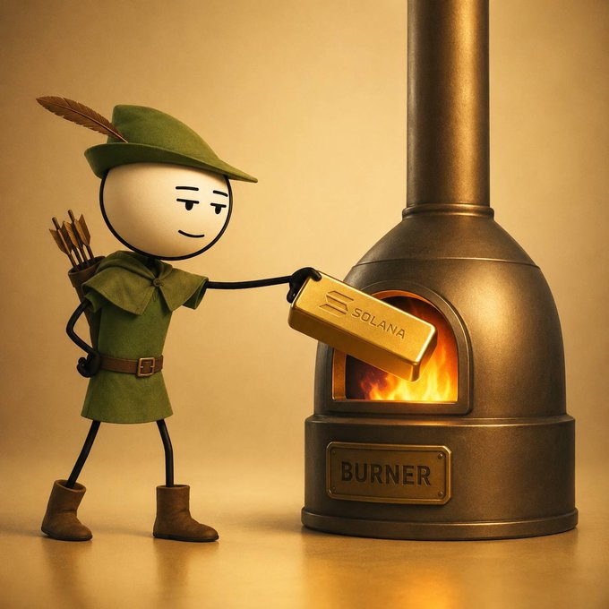 A cartoon stick figure dressed as Robin Hood feeds a gold bar labeled 'SOLANA' into a burning 'BURNER' furnace, symbolizing token burning.