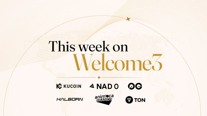A promotional graphic titled 'This week on Welcome3' featuring a globe design and logos for KuCoin, NADO, G, Halborn, Animoca Brands, and TON.