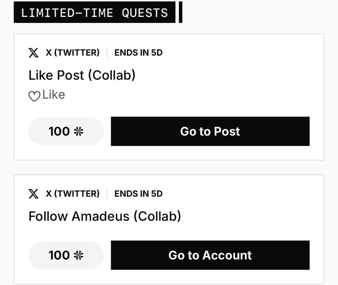 A screenshot of limited-time social media quests on X (Twitter), including 'Like Post (Collab)' and 'Follow Amadeus (Collab)' tasks each rewarding 100 points.