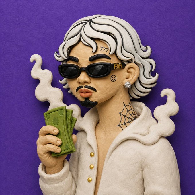 A clay sculpture of a stylized character with white hair, sunglasses marked '777', a 'TSHT' tag, a small smiley face tattoo, and a spiderweb neck tattoo, holding green cash against a purple background.