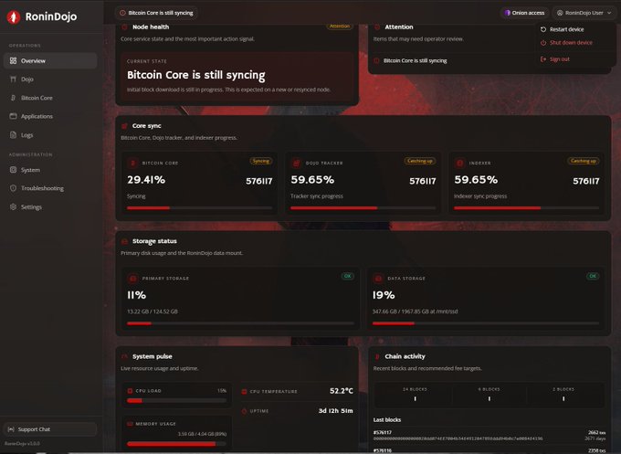 A RoninDojo dashboard showing Bitcoin Core syncing at 29.41% (block 576117), with BTC Core, Dojo Tracker, and Indexer all at 59.65% sync, 11% primary and 19% data storage usage, CPU load at 19%, temperature 52.2°C, and uptime of 3d 12h 51m.