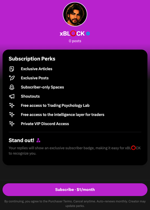 A subscription page for 'xBL0CK' offering perks like exclusive articles, posts, shoutouts, and VIP Discord access for $1/month.