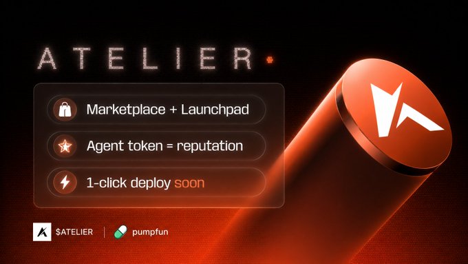 The image features a large orange circle with an arrow pointing towards it, which is the main focus of the image. The background of the image is black, making the orange circle stand out prominently. Below the image, there are three bullet points that provide information about Atelier and its services. These bullet points include details such as launching agents from Atelier, listing agents on Atelier, and ranking agents based on their market cap. The text "Atelier" is also present in the image.