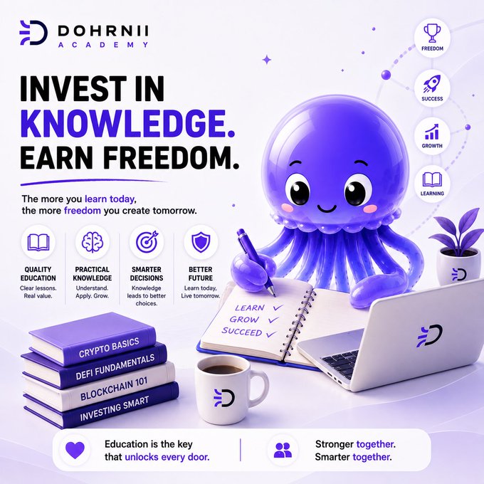 A promotional graphic for Doho Academy with the tagline 'INVEST IN KNOWLEDGE. EARN FREEDOM,' featuring a purple octopus mascot holding a pencil and notebook, surrounded by educational book covers about Crypto Basics, DeFi Fundamentals, Blockchain 101, and Investing Smart.