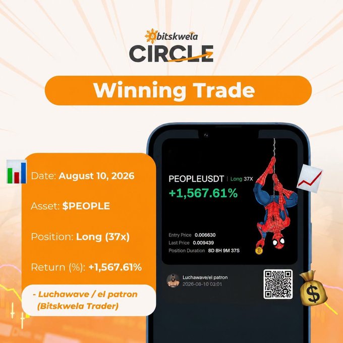 A promotional graphic for 'bitskwela CIRCLE' showing a 'Winning Trade' for $PEOPLE on August 10, 2026, with a +1,567.61% return attributed to 'Luchawave/el patron'.