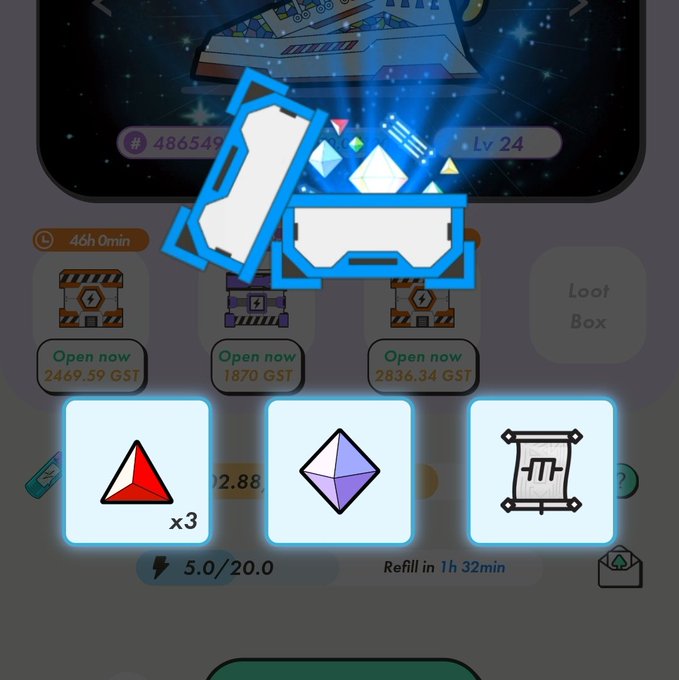 A STEPN sneaker and gem icon overlaid on a game loot box screen showing crates costing 2469.59 GST, 1870 GST, and 2836.34 GST, with refill options below.