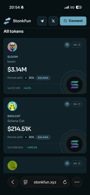 A mobile screenshot of the StonkFun app showing token listings including '$LOOM' (loom) at $3.14M and '$SOLCAT' (Solana Cat) at $214.51K, both paired with SOL on the Solana blockchain.
