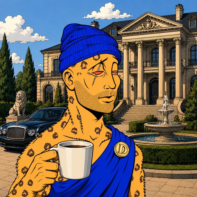 A stylized illustration of a figure with leopard-print skin, wearing a blue beanie and toga, holding a coffee mug. The background features a mansion, a luxury car, a fountain, and signs reading 'DIAMOND PAWS ONLY', 'HOLD BITCOIN', and 'PREMIUM CATNIP'.