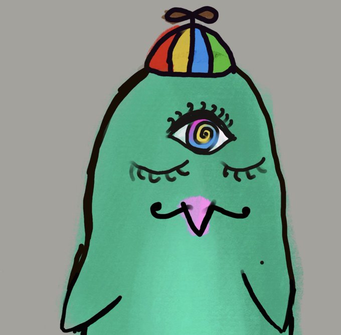 A hand-drawn illustration of a green blob-like creature with closed eyes, a spiral eye on its forehead, sticking out its tongue, and wearing a small colorful propeller hat.