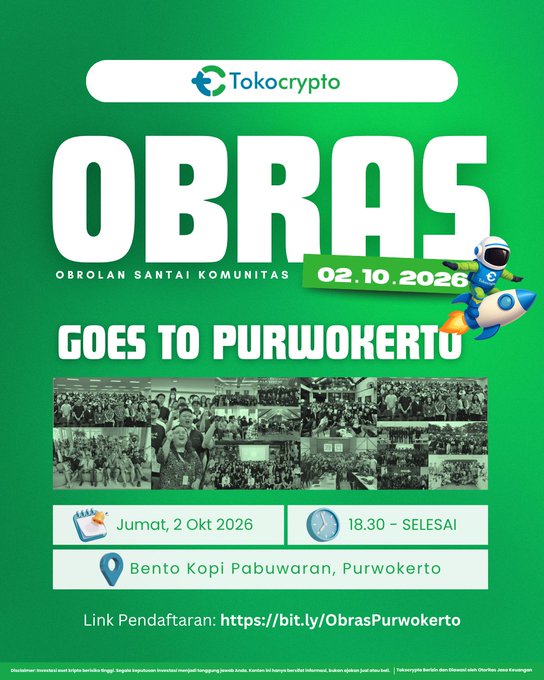 A green promotional poster for 'Tokocrypto' announcing the 'OBRAS Goes to Purwokerto' community meetup on Friday, October 2, 2026, at Bento Kopi Pabuaran, with a registration link.