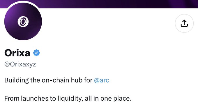 This image shows the Twitter profile of "Orixa" (@Orixaxyz), featuring a purple circular avatar with a white "O" logo, a verified blue checkmark, and the bio "Building the on-chain hub for @arc" with the tagline "From launches to liquidity, all in one place." The image relates to the post by showcasing the crypto project whose whitelist (WL) the poster has secured 200 spots for, encouraging followers to engage with the account ahead of an upcoming distribution form.