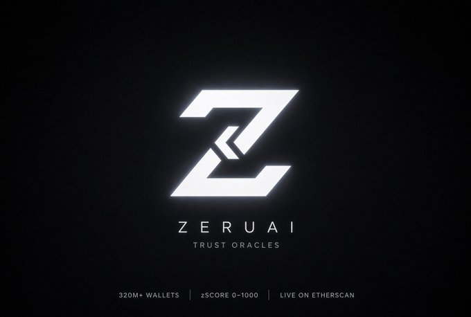 A black screen displaying a glowing white stylized 'Z' logo with the text 'ZERUAI', 'TRUST ORACLES', and '320M+ WALLETS', 'zSCORE 0-1000', 'LIVE ON ETHERSCAN' at the bottom.