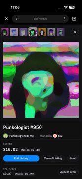 A mobile app screen shows an NFT collection called 'Punkologist #950' featuring a colorful, distorted digital face, listed for sale at '0.27' with an offer of '$16.02'.