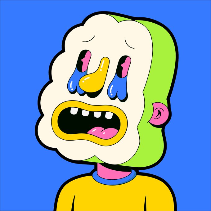 A cartoon illustration shows a character wearing a yellow shirt and a large, melting white mask or face with colorful, drooping features, set against a solid blue background.