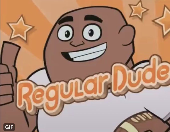 An animated cartoon character smiles and gives a thumbs up, accompanied by the text 'Regular Dude' on an orange background with stars.