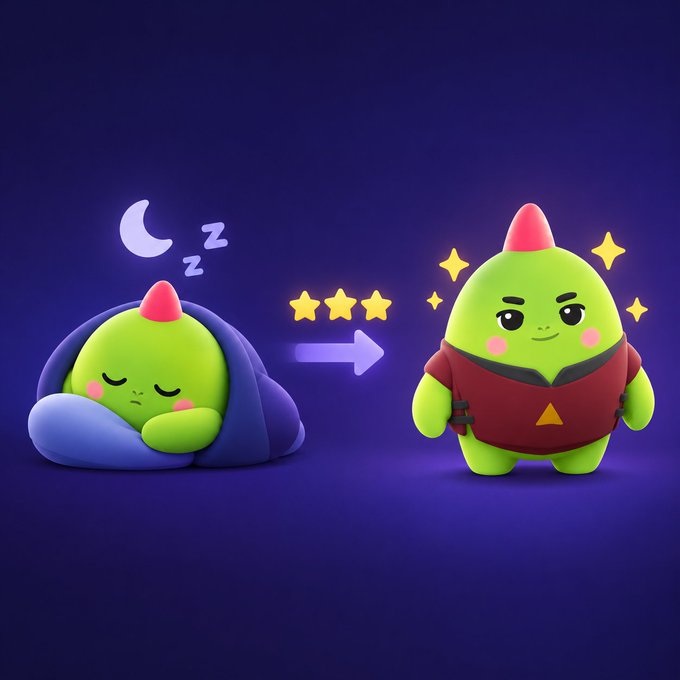 A cartoon graphic shows a sleepy green character with a red horn sleeping under a blanket with a moon and Zzz above it, with an arrow and three stars transforming it into an alert, sparkling version wearing a red outfit.