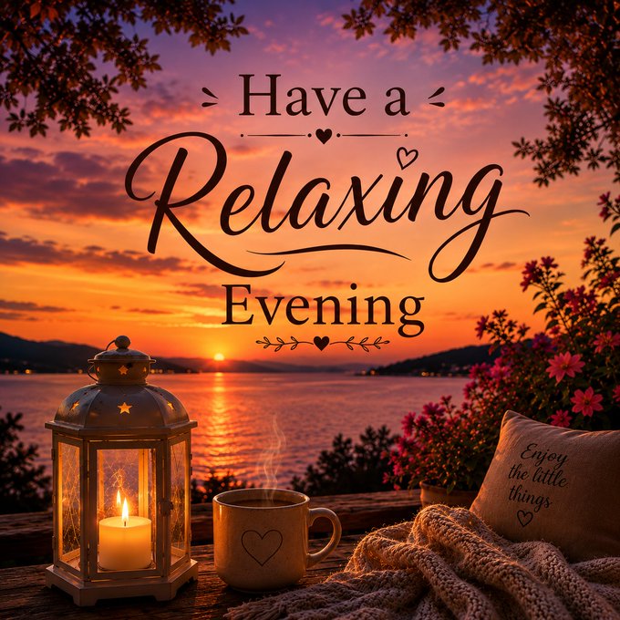 A warm sunset over water with the text 'Have a Relaxing Evening' overlaid, accompanied by a lantern with a candle, a steaming mug with a heart, a knitted blanket, and a pillow reading 'Enjoy the little things.'
