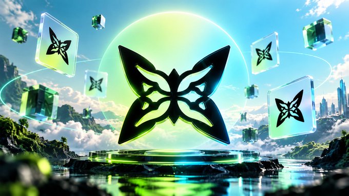 A vibrant digital illustration displays a large black butterfly-like emblem hovering over a glowing green platform, surrounded by smaller butterfly icons on floating glass panels in a futuristic sky setting.