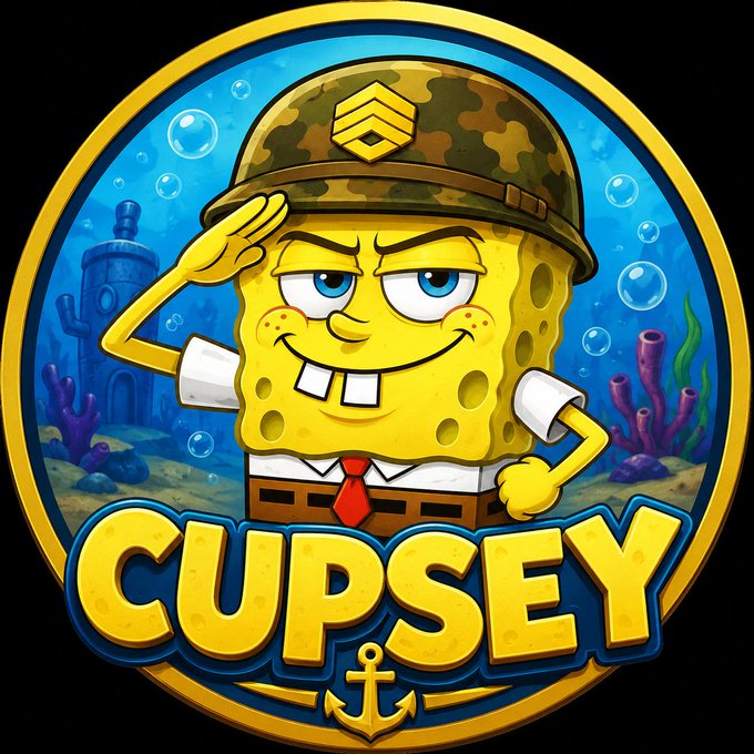 A cartoon logo featuring SpongeBob styled as a military sergeant in a camouflage helmet and red tie, saluting with the text "CUPSEY" displayed prominently below against an underwater background, representing the Solana-based meme coin $CUPSEY.