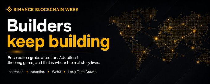 A Binance Blockchain Week promotional banner featuring the headline "Builders keep building" alongside a stylized world map with connected nodes, emphasizing the event's themes of Innovation, Adoption, Web3, and Long-Term Growth. The image visually reinforces the message by highlighting a global network of activity, symbolizing the ongoing development within the crypto industry that continues regardless of market conditions.