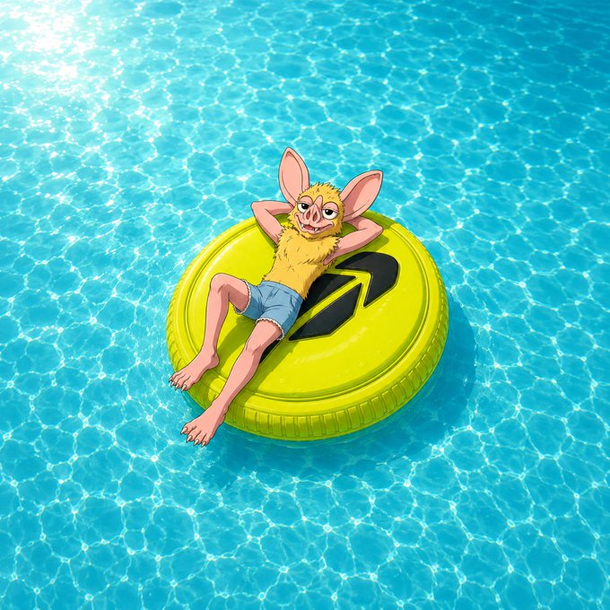 An animated illustration of a furry, yellow, gremlin-like creature with large ears and blue shorts lounging relaxed on a yellow inflatable ring with a black arrow logo, floating in a bright blue swimming pool.
