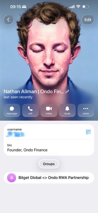 The image shows an iPhone screen with a message from Nathan Allman, founder of @OndoFinance. The message reads "Heartbroken to hear about the unexpected passing of Nathan Allman, founder of @OndoFinance". It also mentions that Nathan met him in 2023 before the launch of the ONDO token and that he is now a Wall Street veteran with Ondo Finance built on TradFi and DeFi. The image includes a photo of Nathan Allman's head, which is displayed against a blue background.